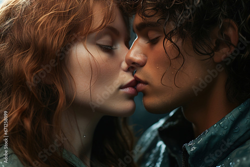 A man and a woman kissing in the rain. Close up shot.