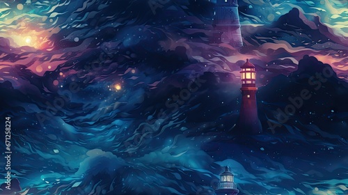  a painting of a lighthouse in the middle of the ocean with a sky full of clouds and stars in the background.  generative ai