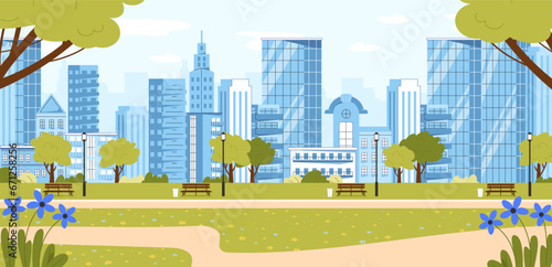 Urban park concept. Cityscape with skyscrapers. Wooden bench near trees. Beautiful panorama and landscape. Spring and summer season. Green field with flowers. Cartoon flat vector illustration