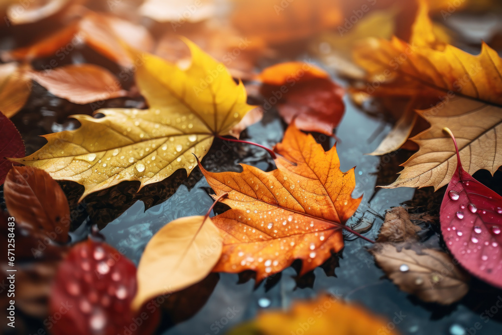 A close-up of colorful autumn leaves falling gently to the ground, symbolizing the changing of seasons. Falling leaves in the fall. Generative Ai. A close-up of colorful autumn leaves falling gently to the ground, symbolizing the changing of seasons. Falling leaves in the fall. Generative Ai.