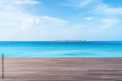 Wooden pier with blue sea and sky background