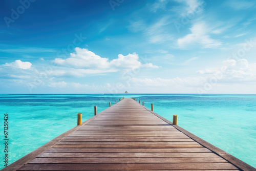 Wooden pier with blue sea and sky background © Koray