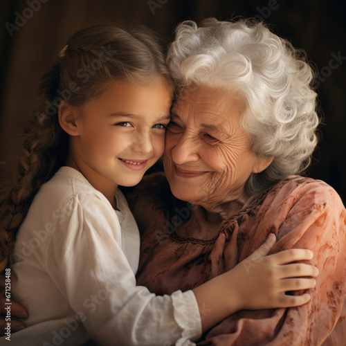 grandmother and granddaughter happily hugging eachother. 