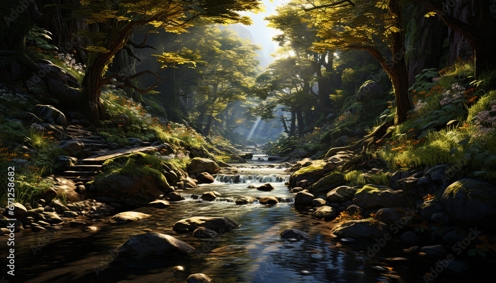 Tranquil scene  autumn forest, green trees, flowing water, peaceful ambiance generated by AI