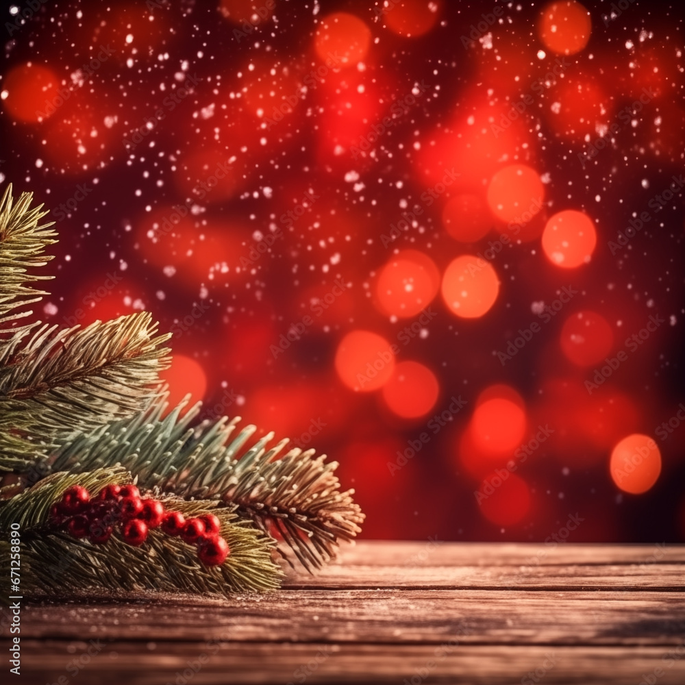 Christmas background with fir branches laying on wood in the bottom of the frame with sparkle bokeh lights on a red background. Merry christmas card. Winter holiday theme. Happy New Year. Space