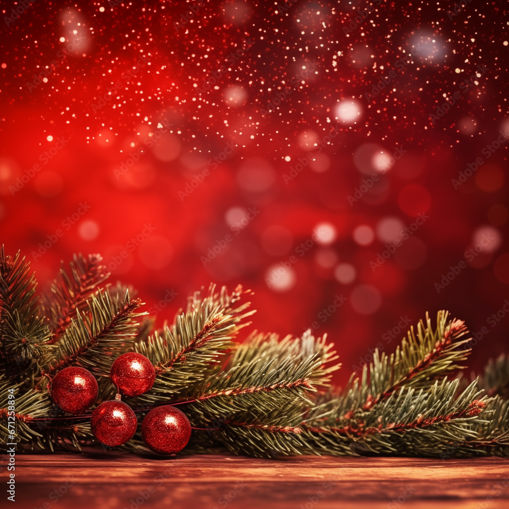 Christmas background with fir branches laying on wood in the bottom of the frame with sparkle bokeh lights on a red background. Merry christmas card. Winter holiday theme. Happy New Year. Space