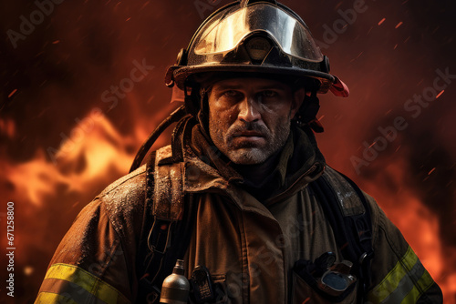 A confident firefighter stands ready in full gear amidst a blaze, demonstrating courage and dedication in protecting the community. Firefighter in action. Generative Ai.