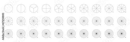 Circle divided into sectors or parts. Pie chart math infographics to show fraction, division, percentage of segments. Equal pizza pieces or slices.