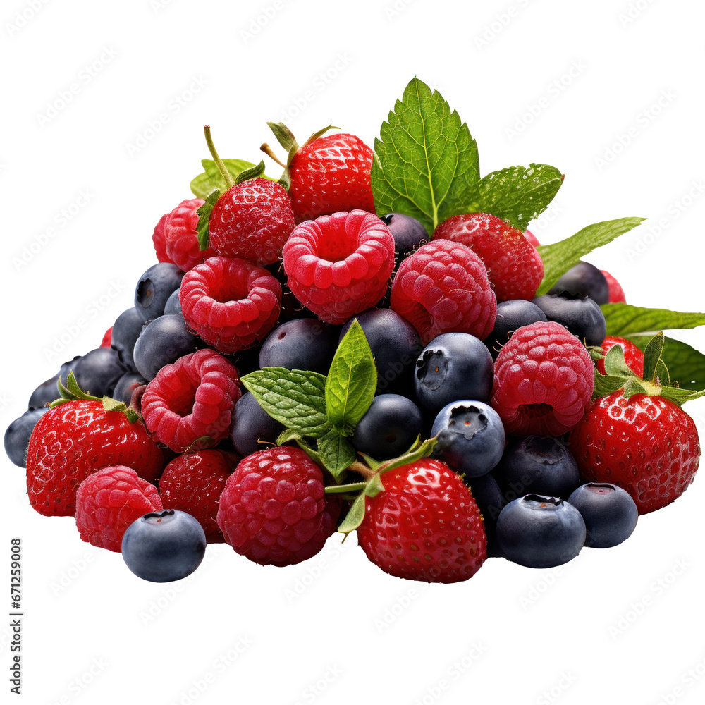 a mound of strawberries, raspberries, blueberries and mint, isolated a mound of strawberries, raspberries, blueberries and mint, isolated