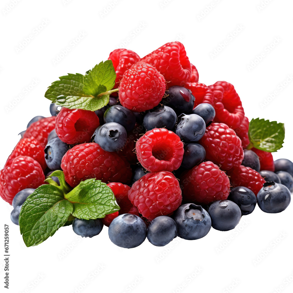 a mound of strawberries, raspberries, blueberries and mint, isolated a mound of strawberries, raspberries, blueberries and mint, isolated