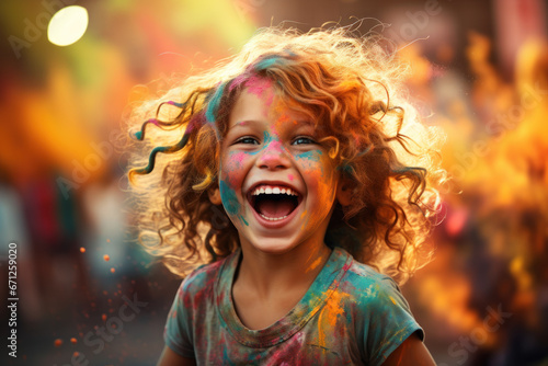 A jubilant young child with sparkling eyes celebrates a colorful festival, their face painted in vibrant hues, representing the joy of cultural traditions. Generative Ai.