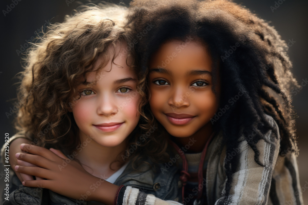 A pair of childhood friends, one with ebony skin and the other with porcelain-like complexion, share a heartfelt embrace, reflecting the beauty of friendship and diversity. Generative Ai. A pair of childhood friends, one with ebony skin and the other with porcelain-like complexion, share a heartfelt embrace, reflecting the beauty of friendship and diversity. Generative Ai.