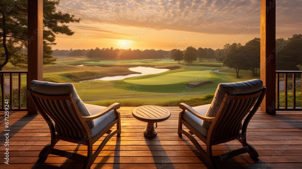 wooden veranda at a resort with two armchairs and tranquil sunrise view over the golf course  - obrazy, fototapety, plakaty 