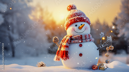 cute snowman in winter for christmas, banner