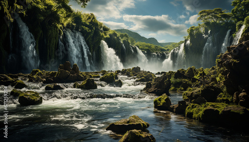 Tranquil scene of a majestic mountain range  with flowing water generated by AI