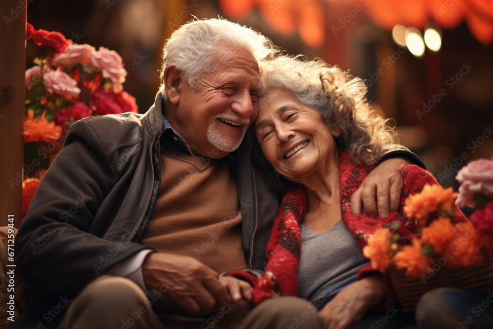 Obraz premium A jovial elderly couple from different parts of the world, hands held together, celebrate their lifelong love story, proving that love transcends borders. Generative Ai.