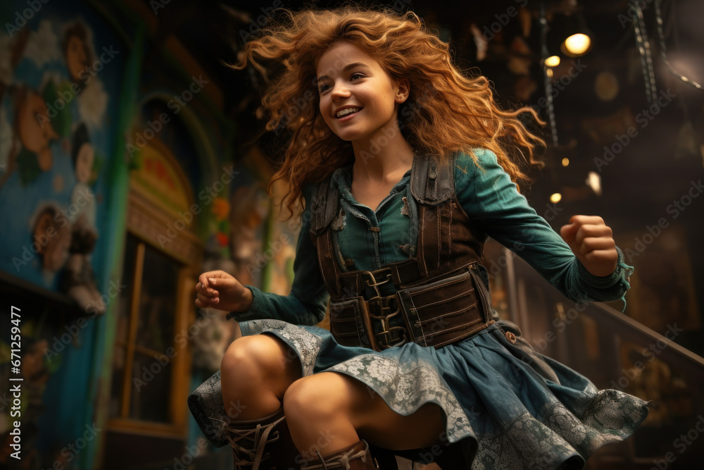 An expressive and spirited Irish dancer, feet tapping to traditional rhythms, showcases the lively art form of Irish step dancing. Generative Ai. An expressive and spirited Irish dancer, feet tapping to traditional rhythms, showcases the lively art form of Irish step dancing. Generative Ai.