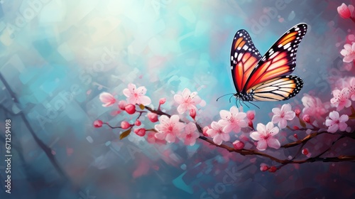  a painting of a butterfly sitting on a branch of a blossoming tree with pink flowers in the foreground.  generative ai © Anna