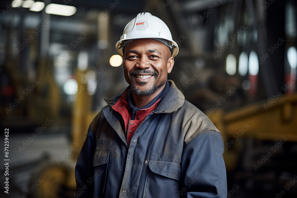 Smiling Middle-Aged Black Factory Worker in Work Clothes and Safety Helmet Smiling Middle-Aged Black Factory Worker in Work Clothes and Safety Helmet