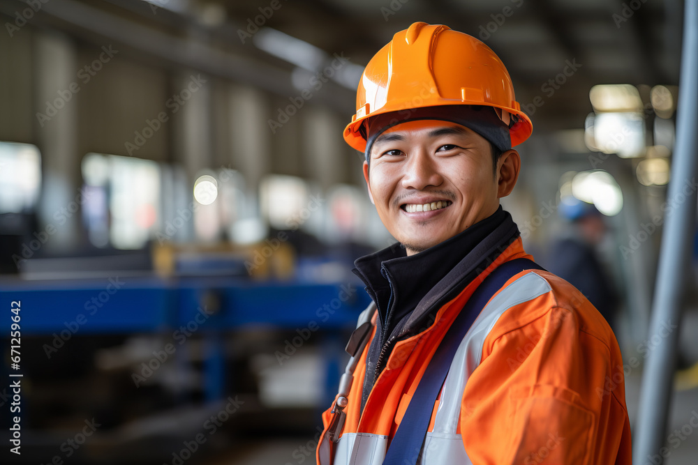 Smiling Young Asian Factory Worker in Work Clothes with Orange Helmet Smiling Young Asian Factory Worker in Work Clothes with Orange Helmet