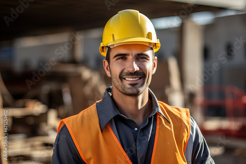 Happy Construction Laborer Wearing Hard Hat and Orange Safety Vest