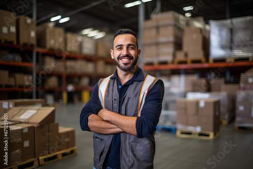 Content Warehouse Employee with Arms Crossed in Storage Facility with Pallets and Boxes