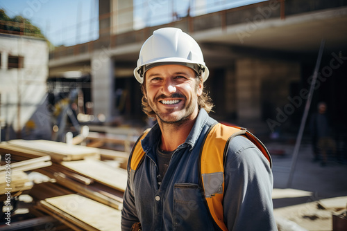 "Smiling Young White Construction Worker at Job Site with Orange Vest and White Helmet