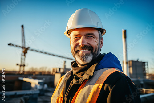 Joyful Construction Site Employee in Reflective Vest, Smiling for the Camera