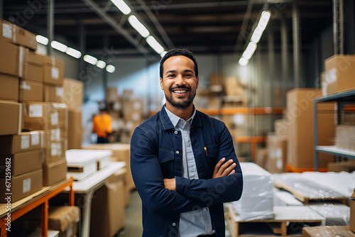 Content Warehouse Employee with Crossed Arms in Logistics or Storage Warehouse