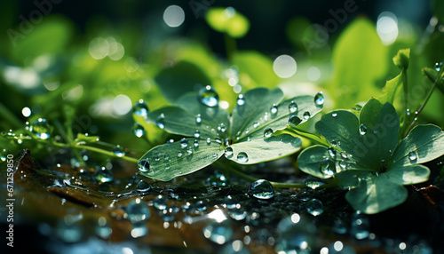 Fresh green leaves glisten with dew, reflecting nature vibrant beauty generated by AI