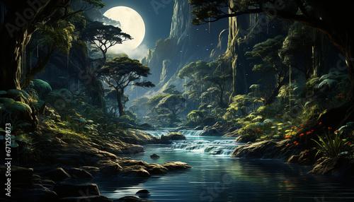 Mysterious forest at night, moonlight illuminates dark, spooky fantasy generated by AI