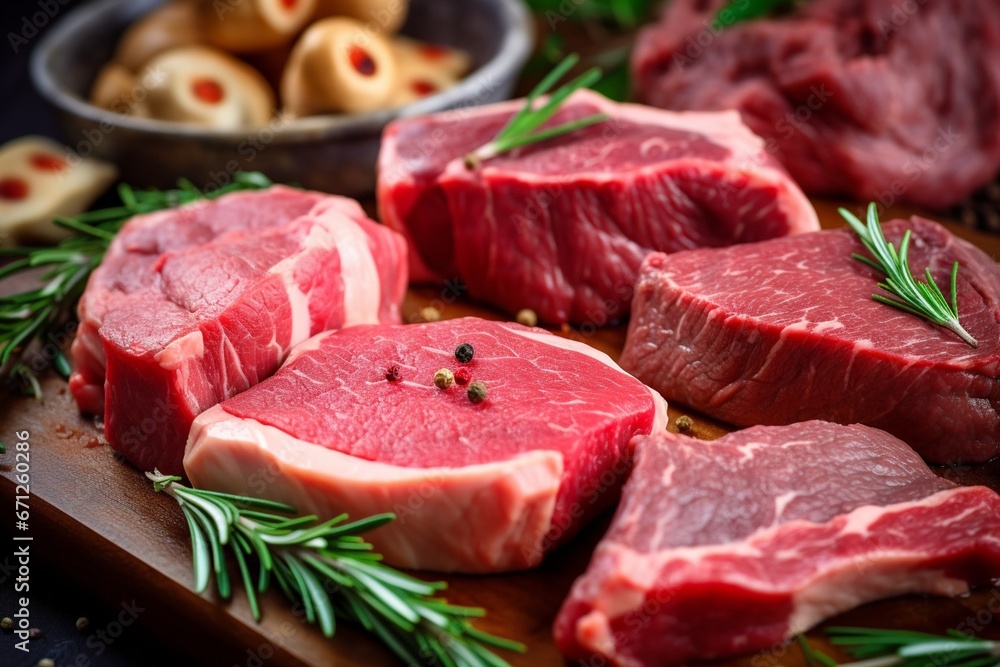 Striking Display of Fresh Meat Cuts on Wooden Surface, Precisionist Style Striking Display of Fresh Meat Cuts on Wooden Surface, Precisionist Style