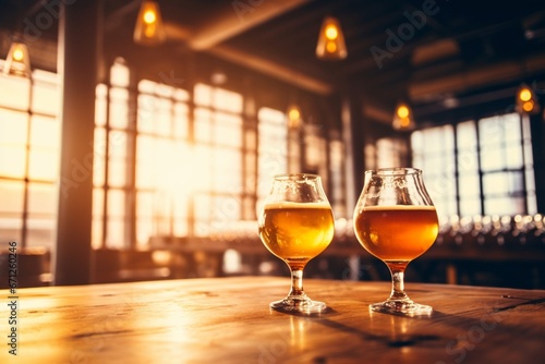 Two Beer Glasses on Wooden Table with Industrial Elegance and Warm Palette