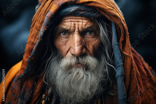 A content and wise elder from a small village in the Himalayas, wrapped in warm shawls, imparts the ancient wisdom of their mountainous region. Generative Ai.