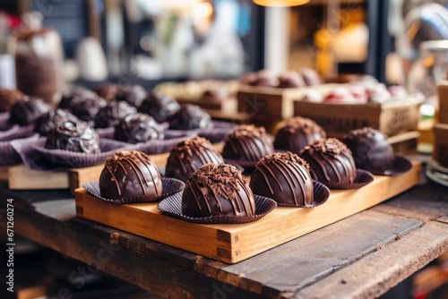 Ominous Chocolate Truffles Display in Bakery with Grandiose Cityscape Views