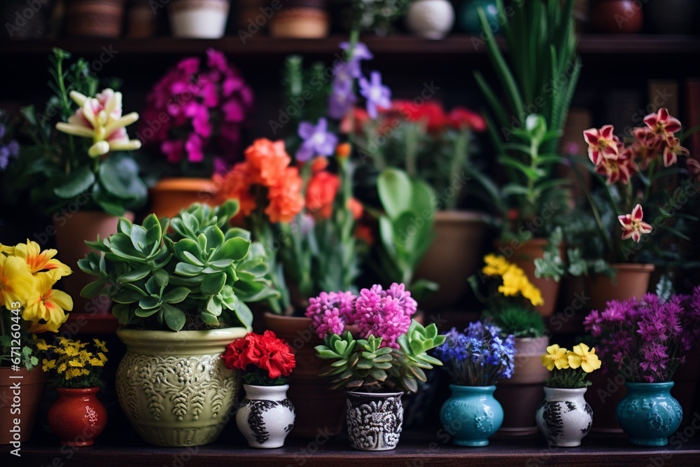 Vibrant Indoor Display of Potted Flowers: A Colorful and Detailed Composition