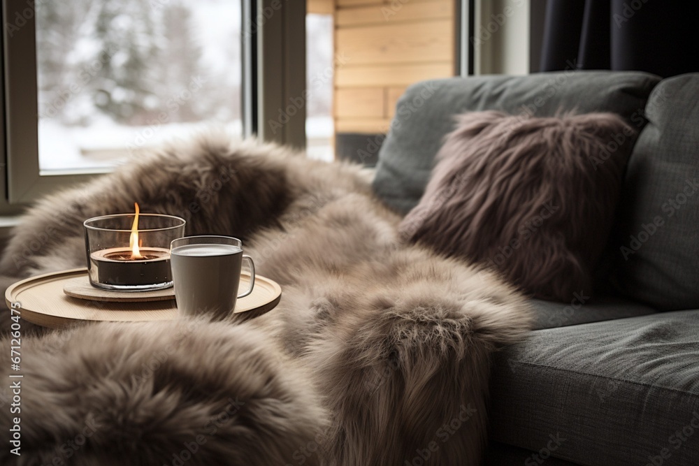 Cozy Fireplace and Furry Couch in a Serene Atmosphere with Norwegian Nature Cozy Fireplace and Furry Couch in a Serene Atmosphere with Norwegian Nature