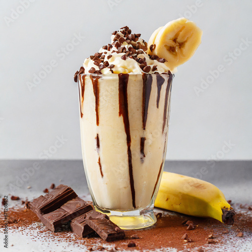 Banana shake with chocolate topping , white background photo