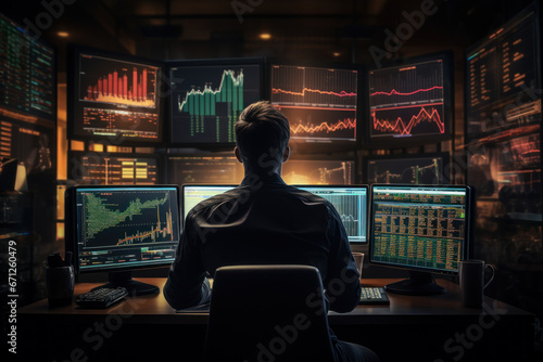 A busy stock trader monitors multiple screens, capturing the intensity and precision required in the world of financial markets. Generative Ai.