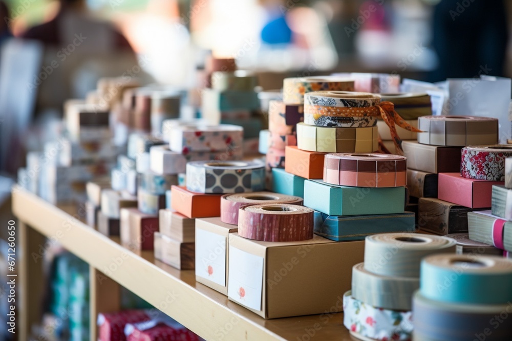 Colorful Array of Tape Rolls on Tabletop: Merging Natural Elements with Man-Made Design