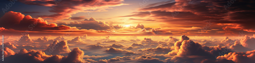 Hot sky at sunset, above the clouds. Aerial view of clouds.