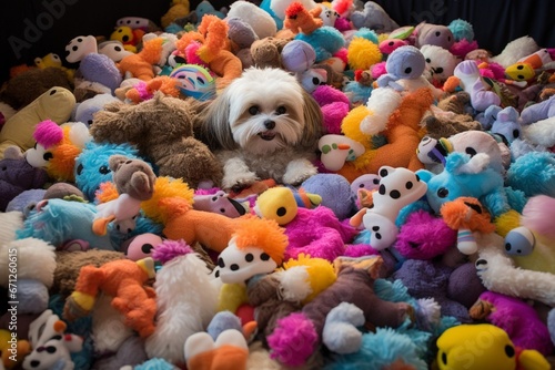 Vibrant Contrasts of White Dog Amidst Plush Toys in Smilecore Style photo