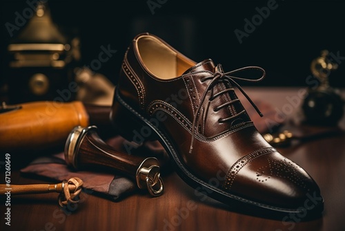 Exquisite Brown Dress Shoes with Accessories: A Study in Contrasts and Precision photo