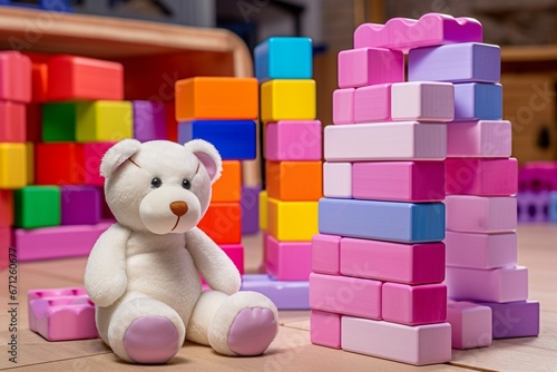 Colorful Teddy Bear and Toy Blocks: A Fusion of Bold Chromaticity and Multilayered Artistry