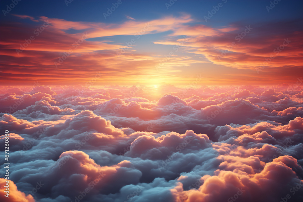 The sun is shining above the clouds in the sky. - obrazy, fototapety, plakaty 