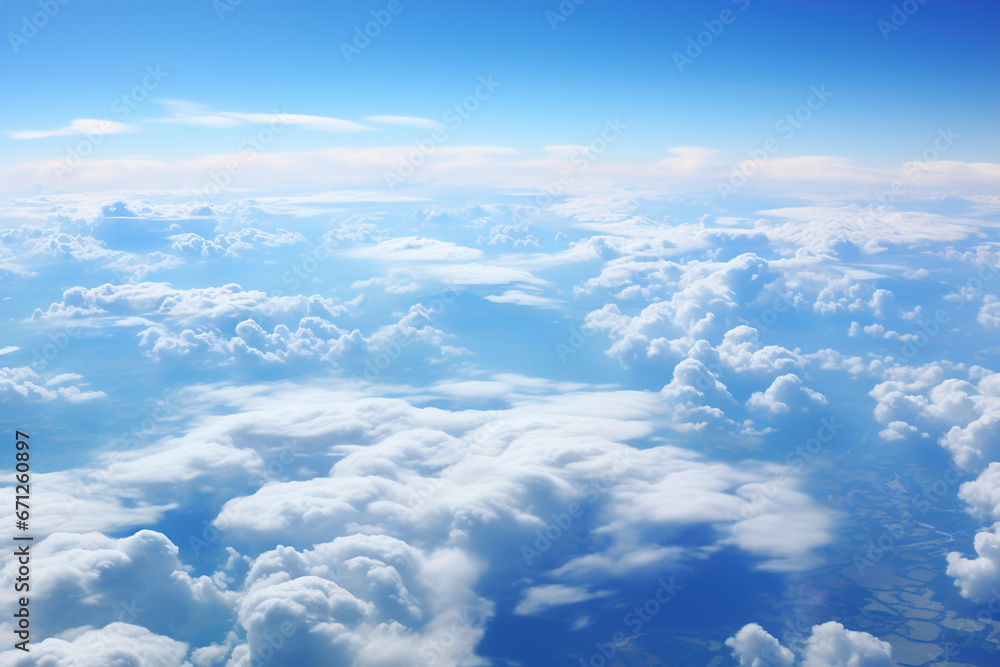 A view of the clouds from an airplane window. Blue cloudy sky, above the clouds.