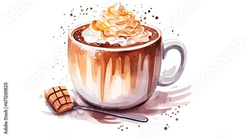  a watercolor drawing of a cup of hot chocolate with whipped cream on top and a spoon next to it. generative ai