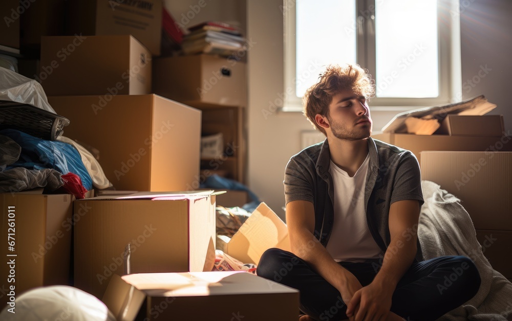 A male college freshman is resting from packing his things and stuffs to preparing moving into his university dormitory A male college freshman is resting from packing his things and stuffs to preparing moving into his university dormitory