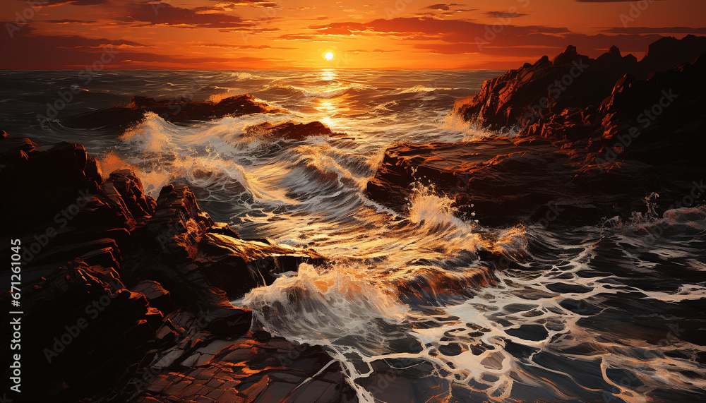 Fototapeta premium Majestic wave splashing on tranquil coastline, sunset paints tranquil scene generated by AI