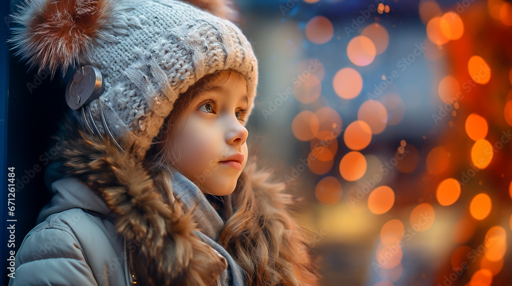 a cute little girl in a knitted hat looks at shop windows with Christmas decor in winter a cute little girl in a knitted hat looks at shop windows with Christmas decor in winter